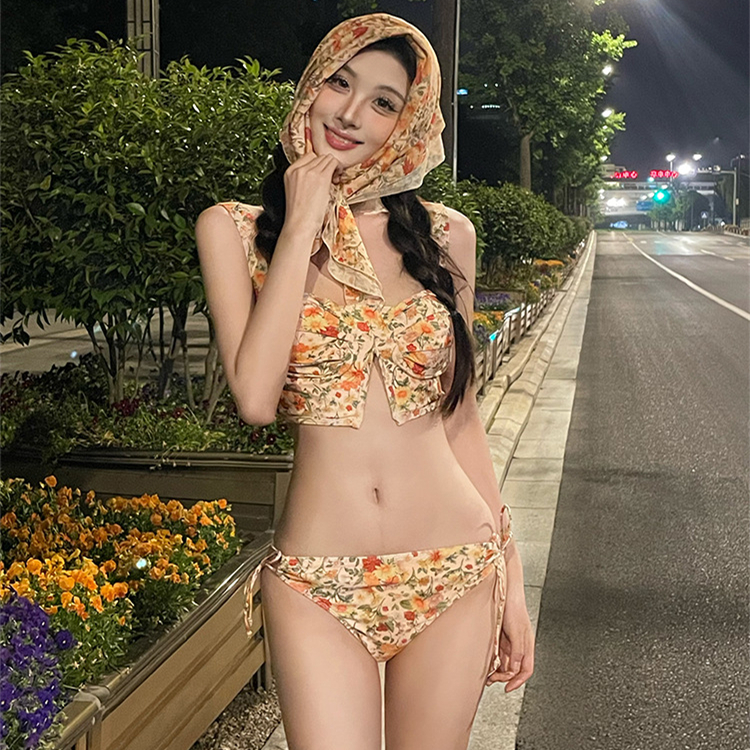 2025 Floral Split Gathered Three-Piece Bikini Swimsuit for Women - Beach Vacation Style, Fresh Summer Look