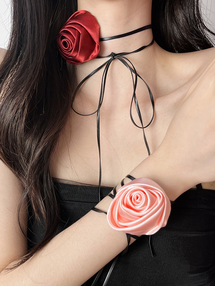 2025 Handmade Retro Rose Flower Choker Necklace & Wrist Chain Set - Stylish Silk Accessory for Internet Celebrities