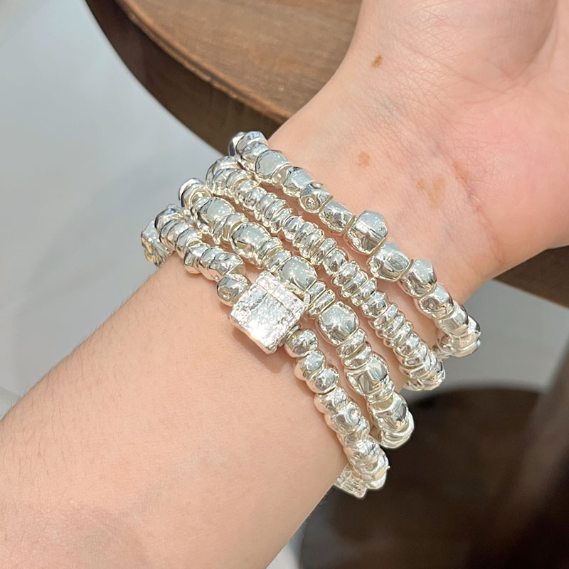 2025 Multi-Layer Irregular Metal Bead Elastic Bracelet for Women, Light Luxury Stacking Bangle, Trendy Niche Jewelry