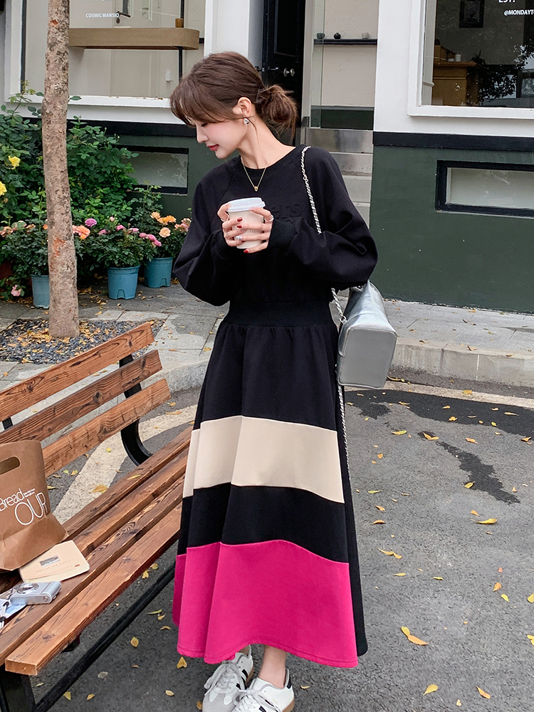 2025 Spring Women's Color-Blocking Long-Sleeve Dress, Casual Waist-Cinching Slim A-Line in Korean Style