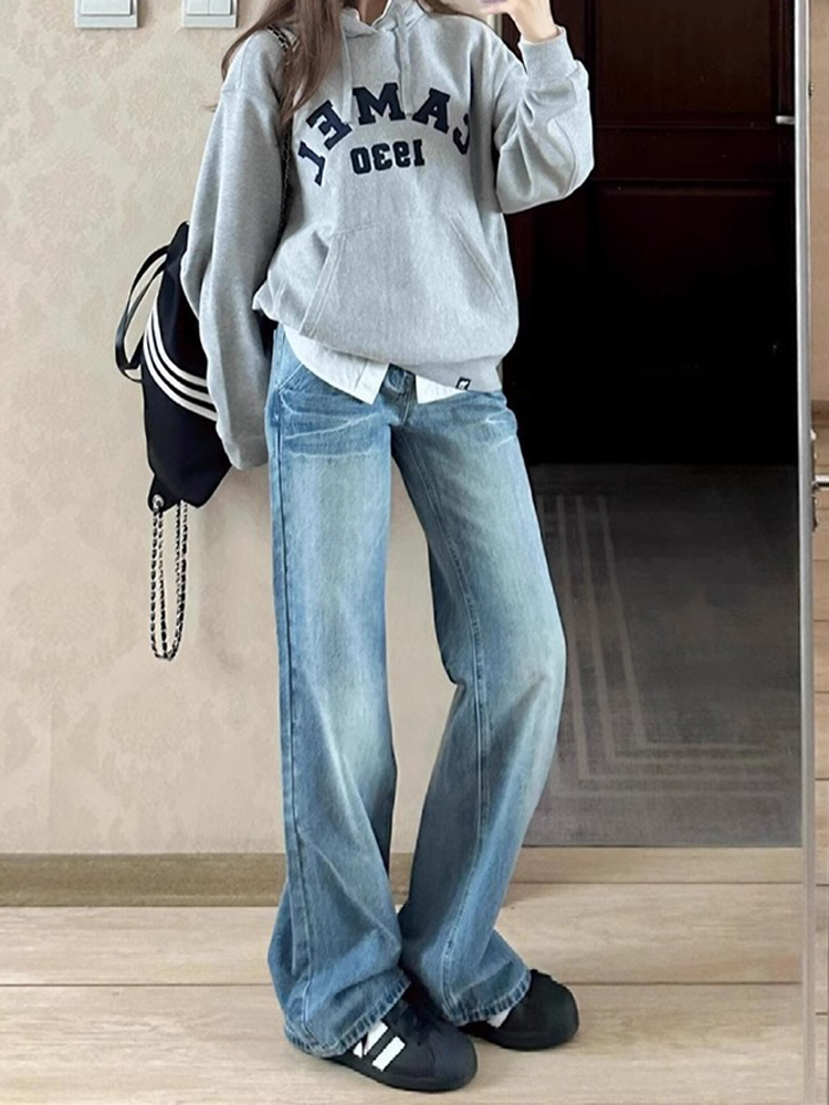 2025 Spring/Summer American-Style Low-Waist Distressed Flared Jeans for Women, Loose Wide-Leg Straight Pants, Floor-Length Fashion