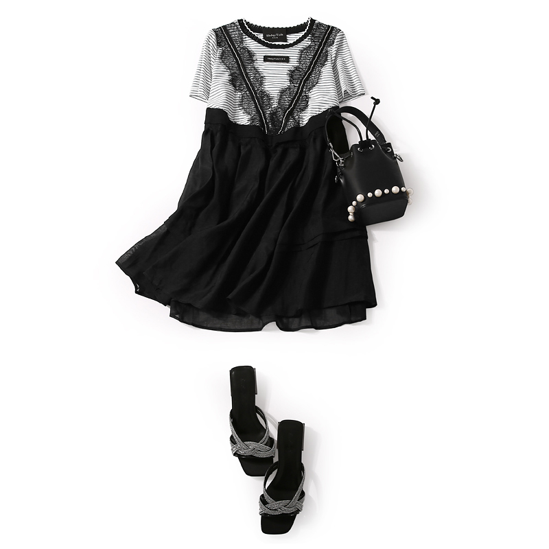 2025 Summer Korean Style Round Neck Spliced Striped Lace Rhinestone Casual Dress for Women - Trendy Fashion Statement