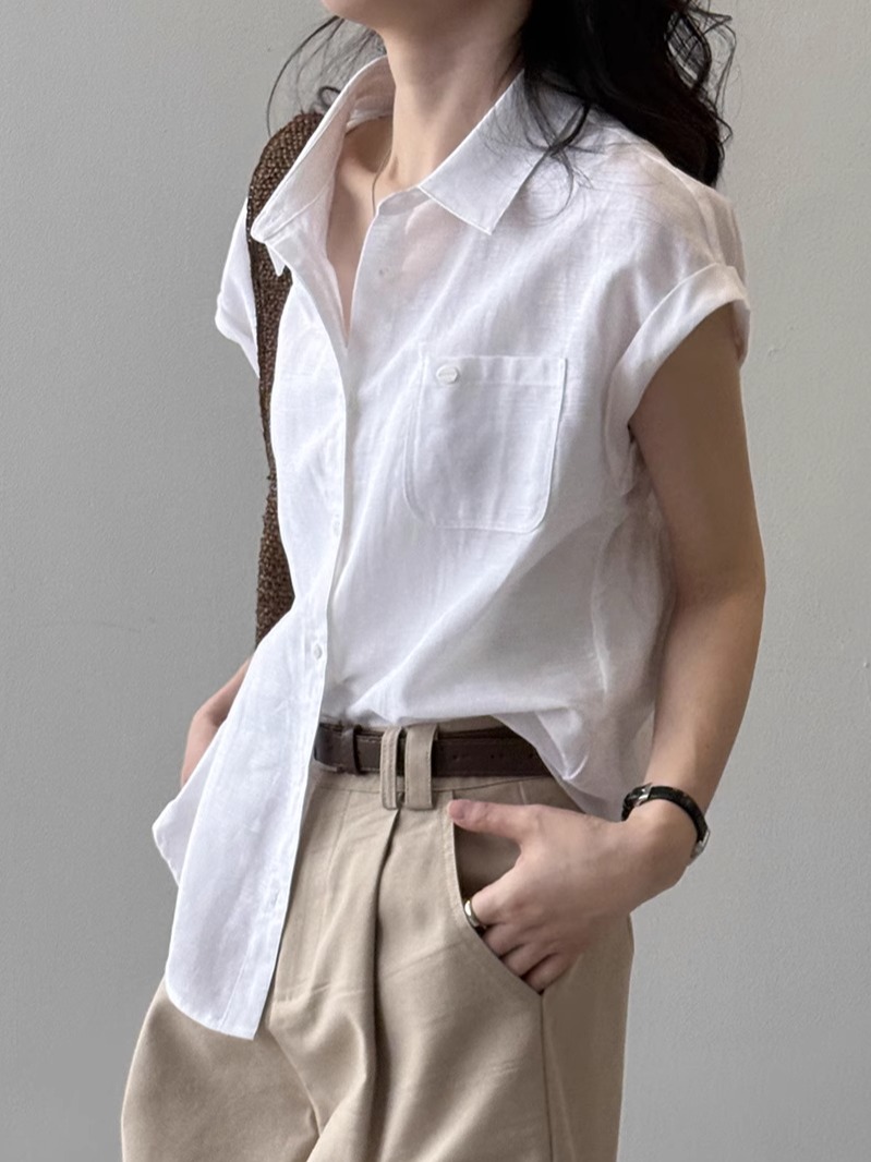 2025 Summer Linen Cotton Flutter Sleeve Shirt for Women, Sleeveless Drop Shoulder Loose Top, Casual Lightweight Blouse