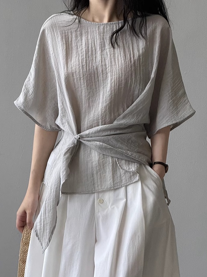 2025 Summer Women's French-Style Tie-Up Doll Shirt, Irregular Elegant Waist-Cinching Blouse, Unique Vacation Top
