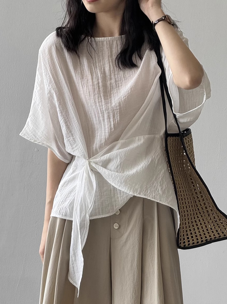 2025 Summer Women's French-Style Tie-Up Doll Shirt, Irregular Elegant Waist-Cinching Blouse, Unique Vacation Top