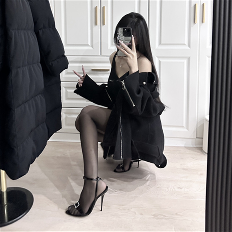 2025 Summer Women's High-Heeled Sandals - Water Drill Buckle, Sexy One-Strap Open-Toe Design, Black Thin Heel