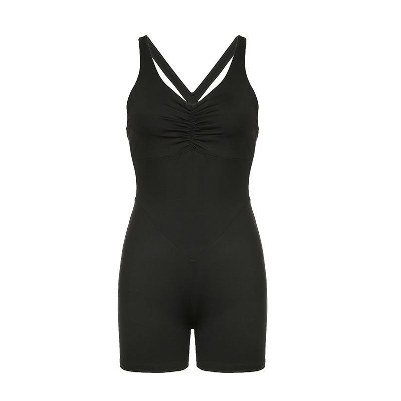 2025 Summer Women's Pleated V-Neck Cross-Strap Casual Bodysuit Shorts - European American Style, Y2K Inspired Fashion