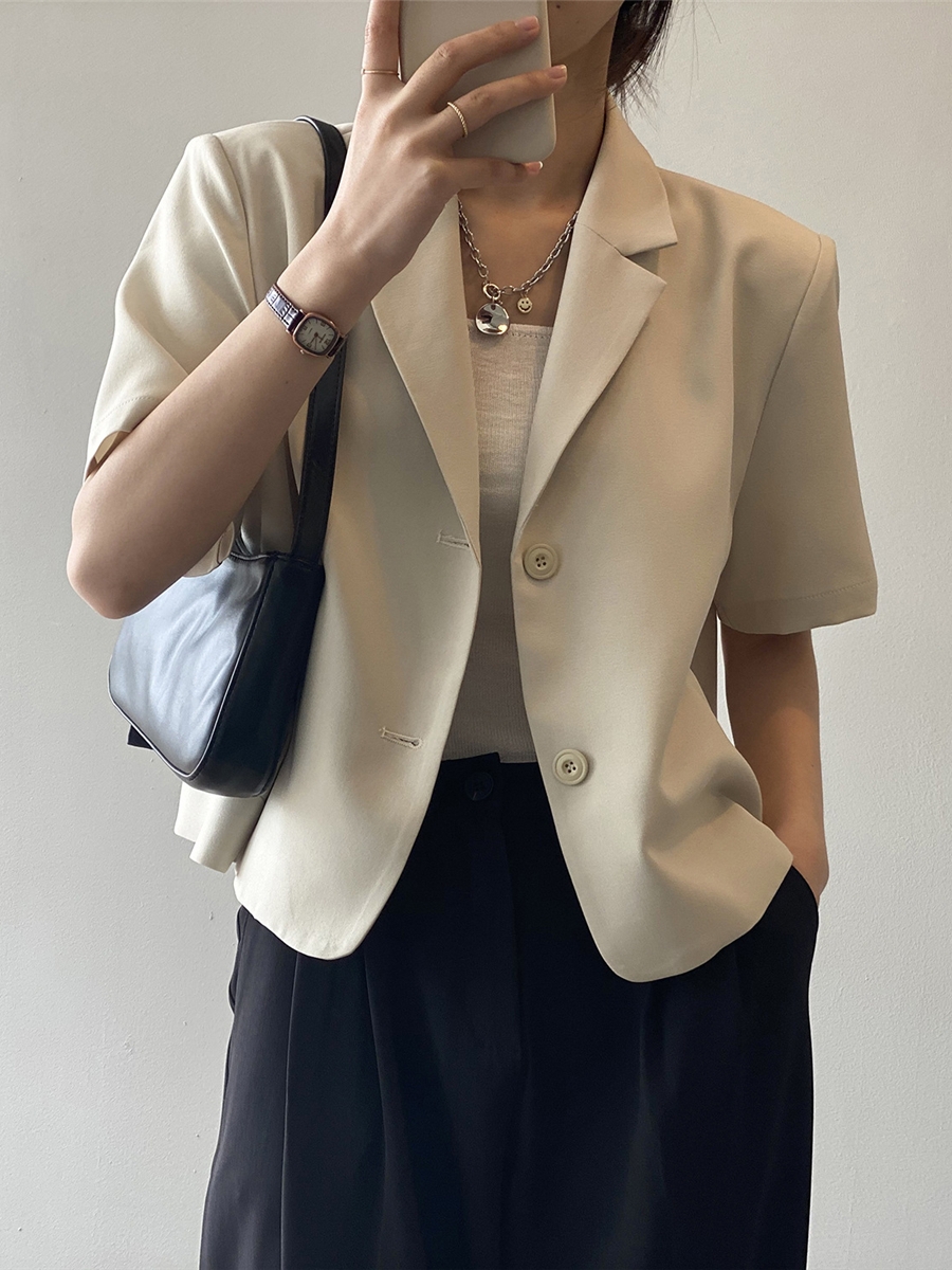 2025 Summer Women's Solid Color Short Sleeve Suit - Loose Fit Korean Style British Fashion Jacket