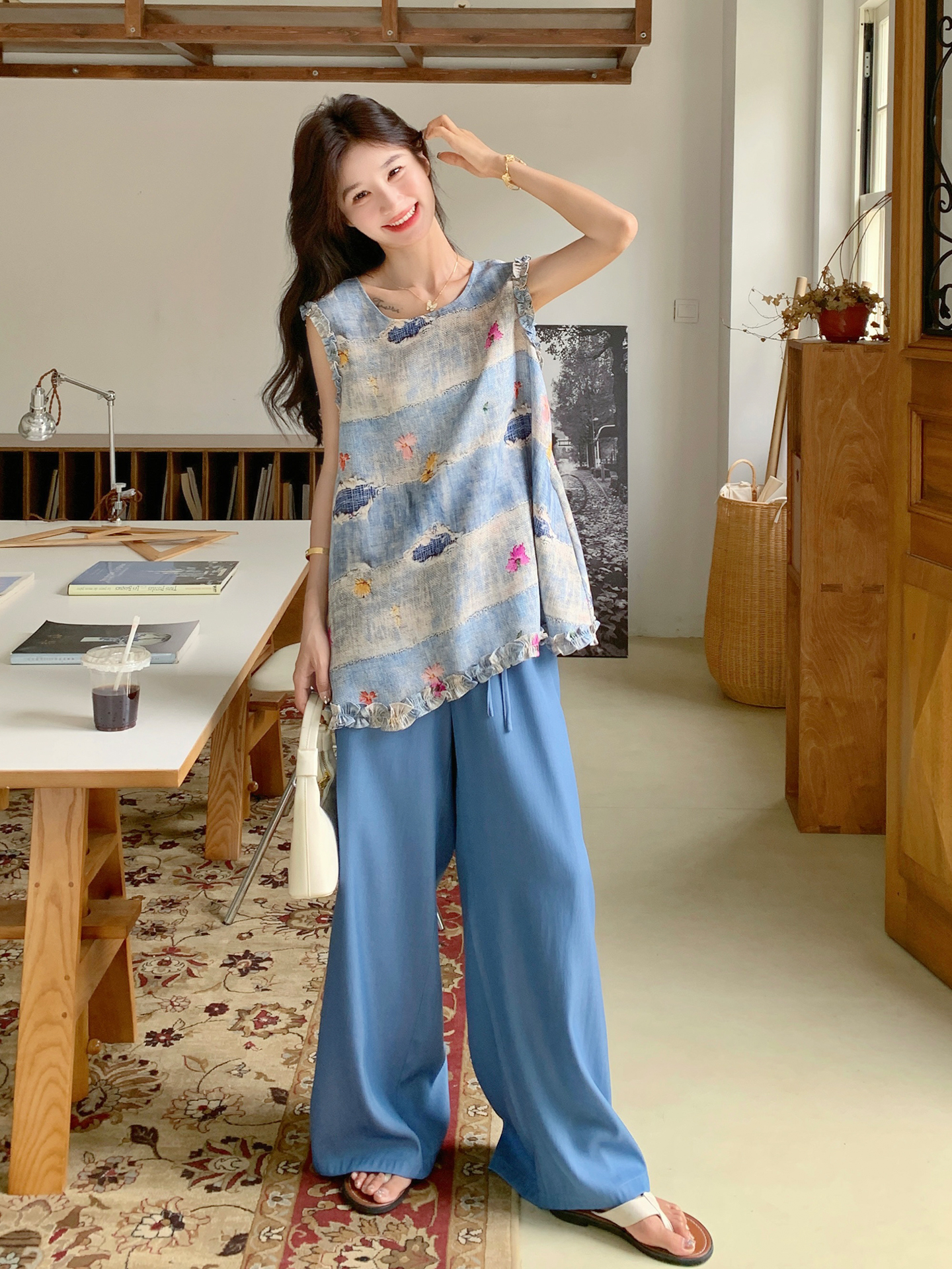 2025 Summer Women's Two-Piece Set - Stylish Sleeveless Tank Top & Wide-Leg Pants, Anti-Aging Design, Trendy Fashion