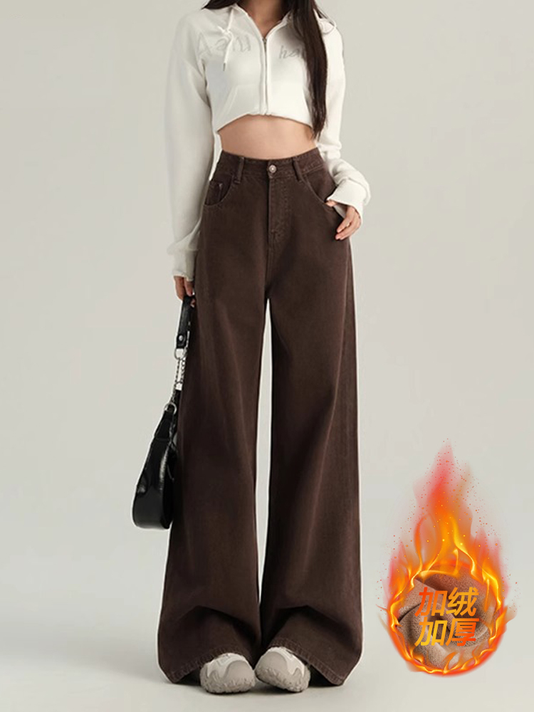 2025 Women's Coffee-Colored Fleece-Lined Wide-Leg Jeans, High-Waisted Slim-Fit, Autumn Winter Fashion, Loose Straight-Leg Pants