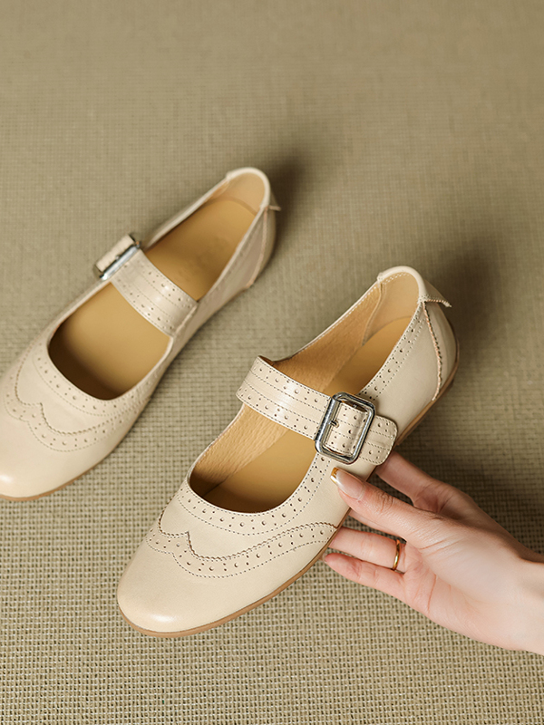 2025 Women's Genuine Leather Mary Jane Flats - French Brogue Small Leather Shoes with Single Strap, Soft Ballet Style