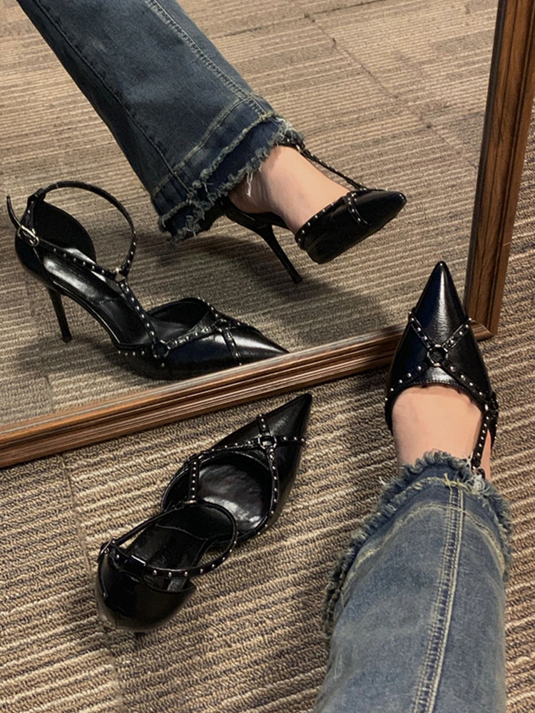 2025 Women's Retro Pointed Toe Rivet High Heels - Punk Style Single Strap Thin Heels Sandals for Fashion-Forward Looks