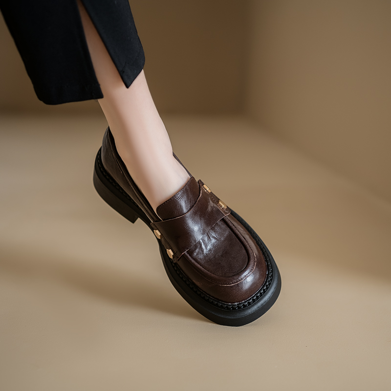 2025 Women's Thick-Soled Loafers with Chunky Heels, Retro British Style Slip-On Leather Flats, Genuine Leather College Shoes