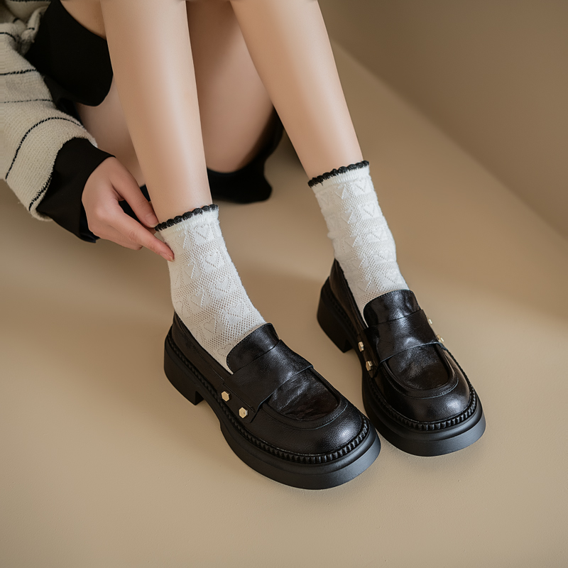 2025 Women's Thick-Soled Loafers with Chunky Heels, Retro British Style Slip-On Leather Flats, Genuine Leather College Shoes