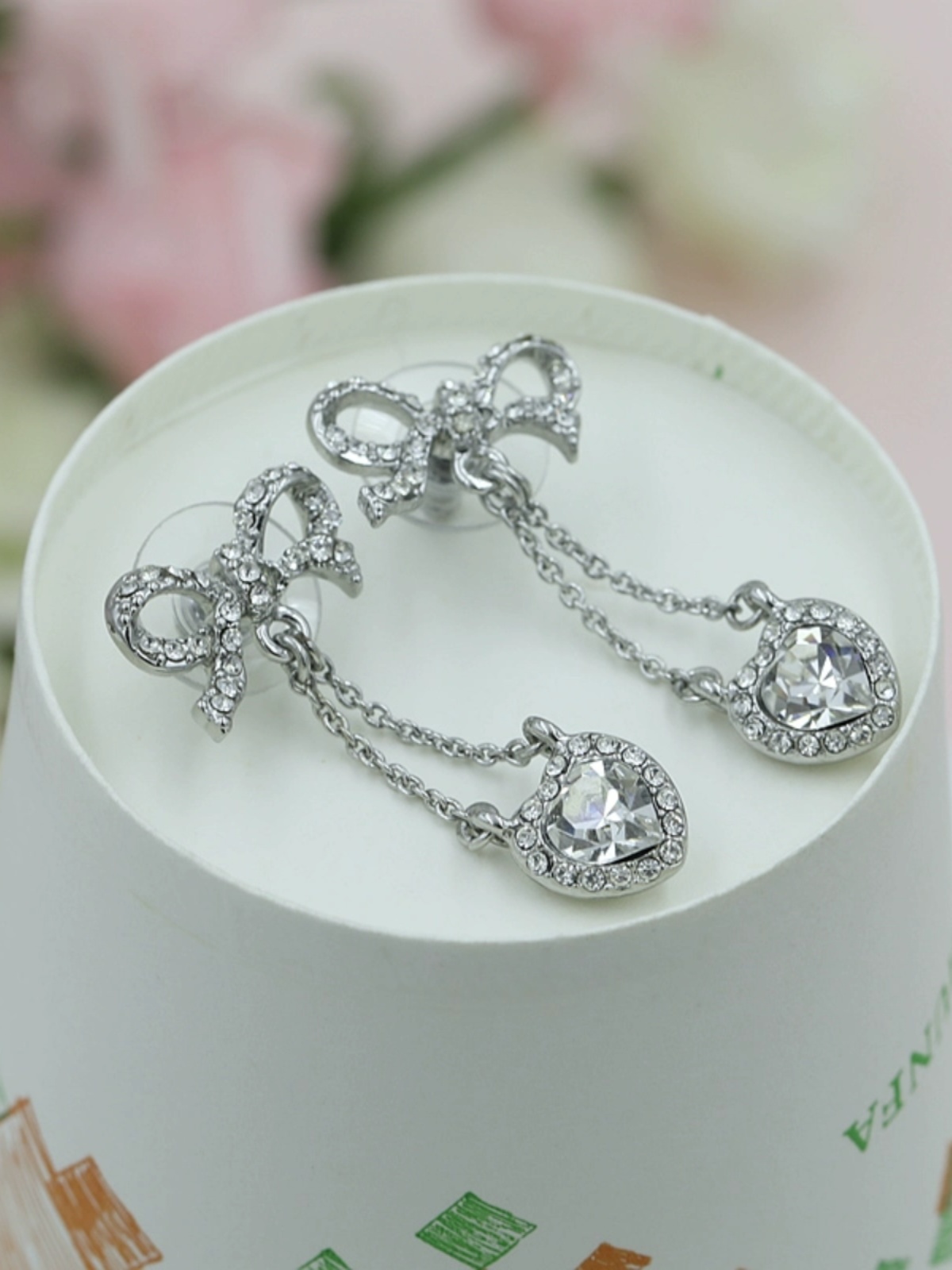 925 Silver Bowknot Stud Earrings with Heart Design, Hypoallergenic Full Diamond Hollowed-Out Jewelry for Women