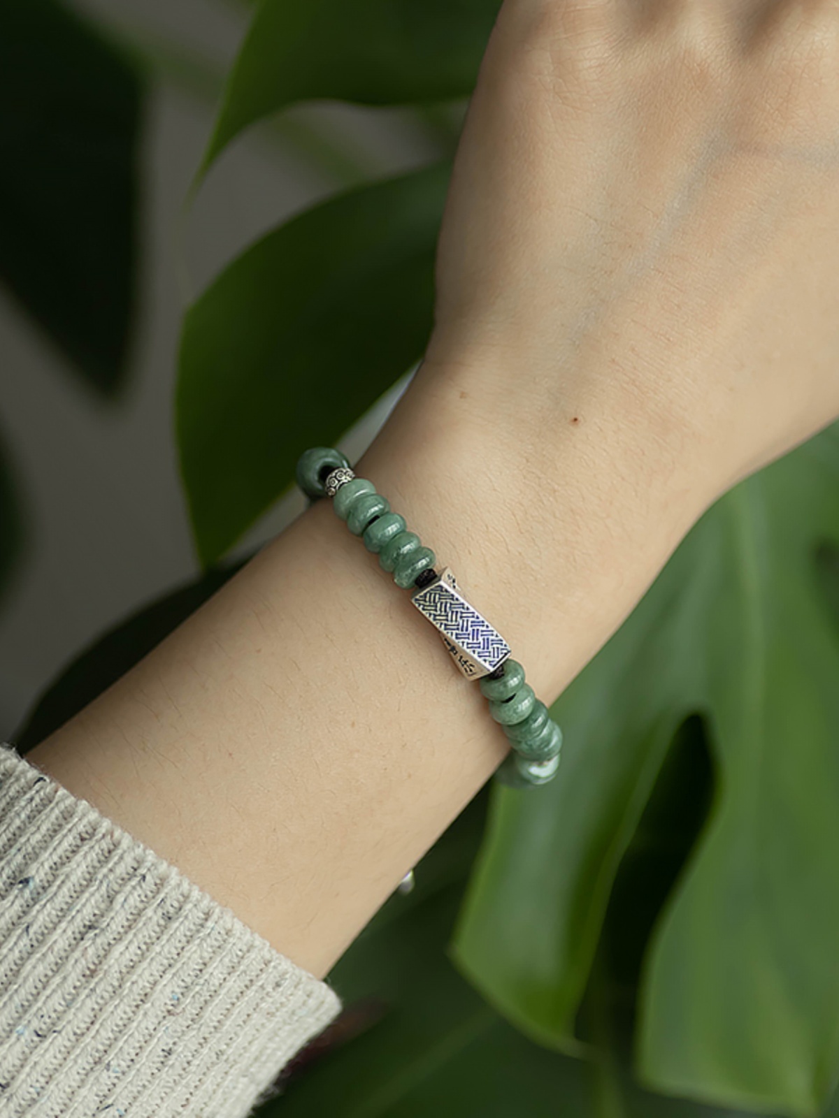 925 Sterling Silver Natural Jade Round Bead Bracelet - Vintage Woven Retro Style Women's Accessory for Peace and Joy