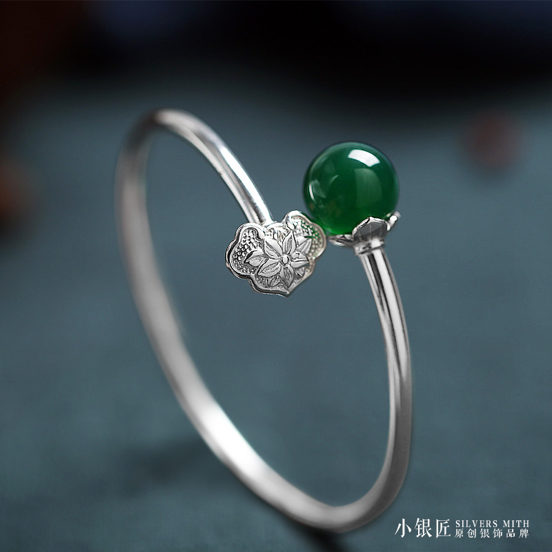 925 Sterling Silver Open-Ended Ruyi Bracelet for Women with Natural Green Agate Crystal - Simple Elegant Longevity Design