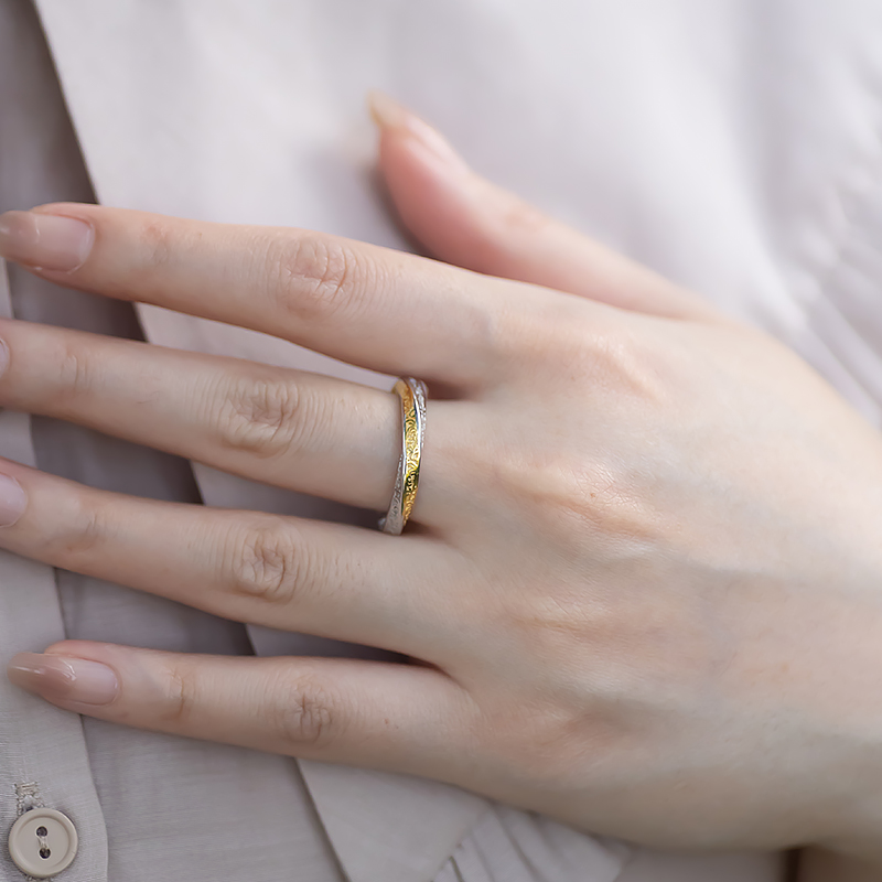 Adjustable Open Two-Color Ring in 925 Silver with Carved Tang Grass Pattern - National Style MÃ¶bius Design