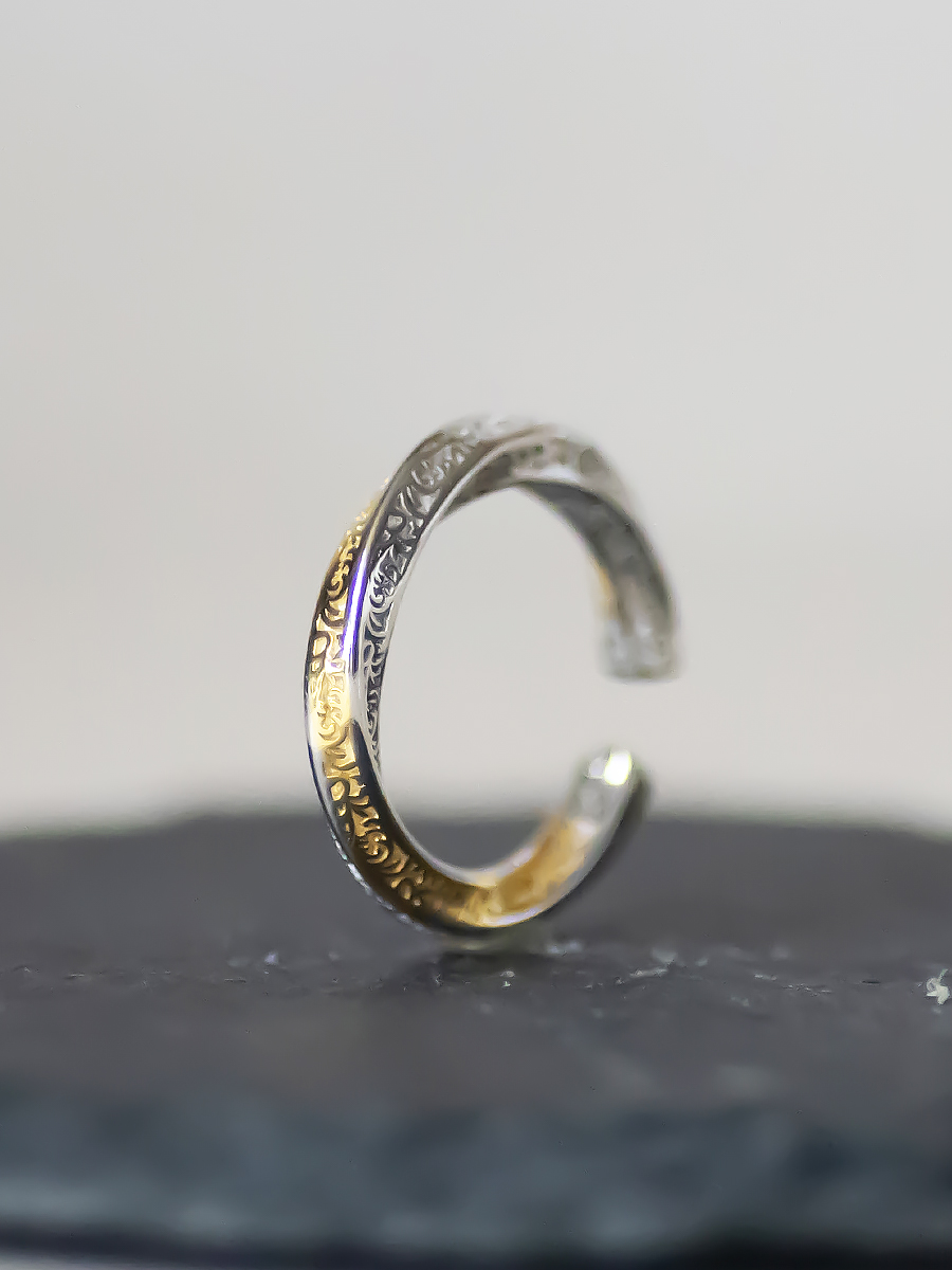 Adjustable Open Two-Color Ring in 925 Silver with Carved Tang Grass Pattern - National Style MÃ¶bius Design