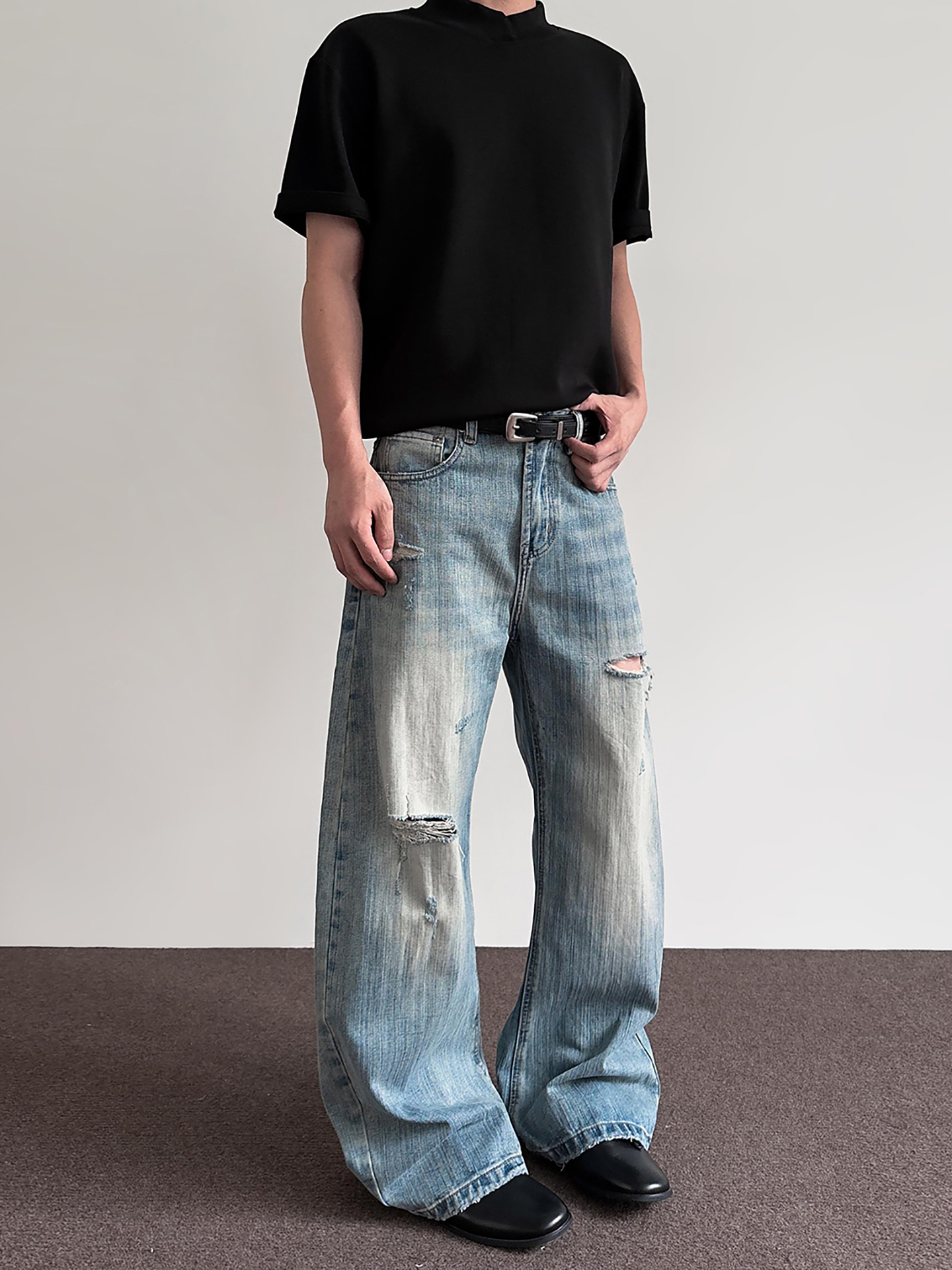 American Retro Distressed Bamboo Joint Pattern Curved Knife Jeans - Trendy Clean Fit Straight Leg Flared Pants for Y2K Style