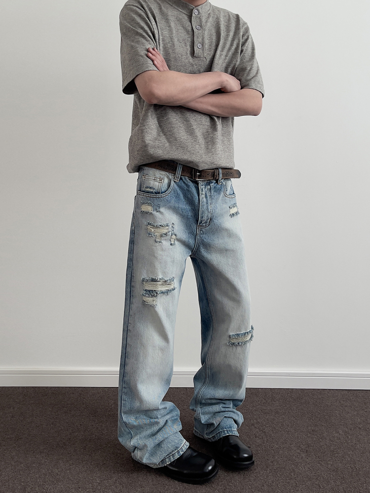 American Retro Distressed Ripped Jeans for Men - Clean Fit Straight Leg Slightly Flared Stylish Pants, 90s Vintage Inspired Fashion