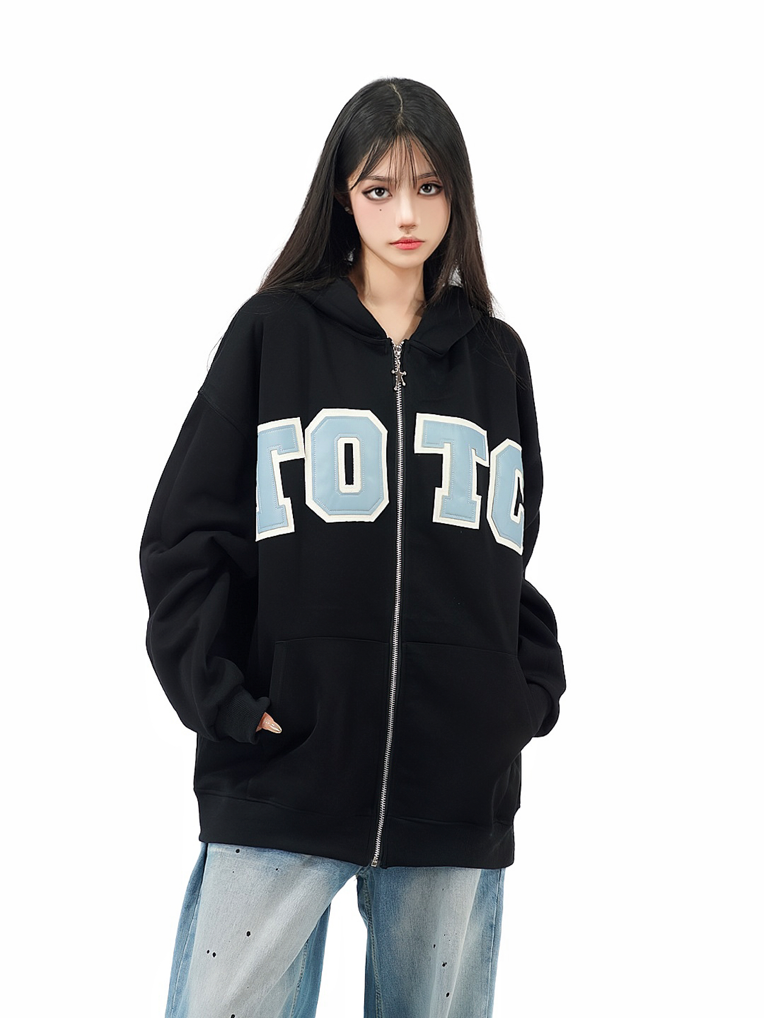 American Retro Patch Leather Embroidered Hoodie Zip-Up Cardigan Jacket - Trendy Autumn Fashion for a Y2K Inspired Look