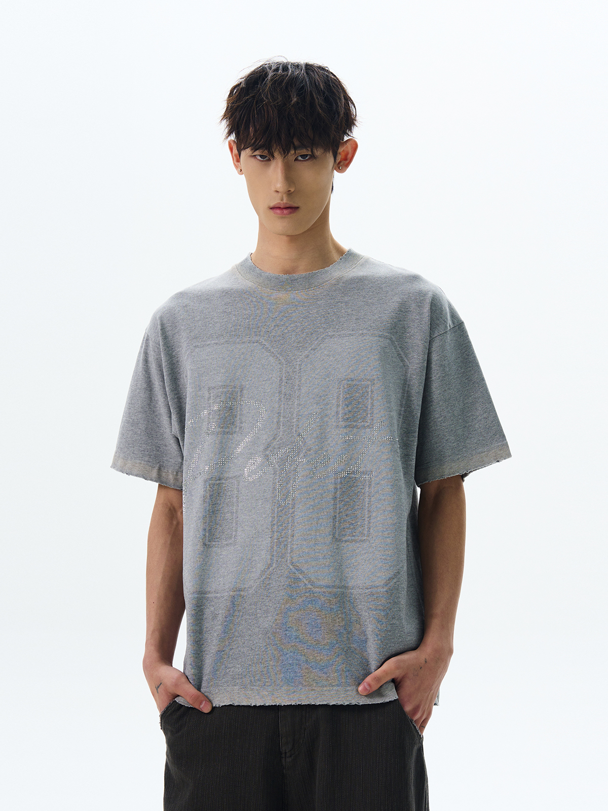 American Retro Rhinestone Letter Print Short-Sleeve T-Shirt for Men and Women, Stylish Loose-Fitting Streetwear Top