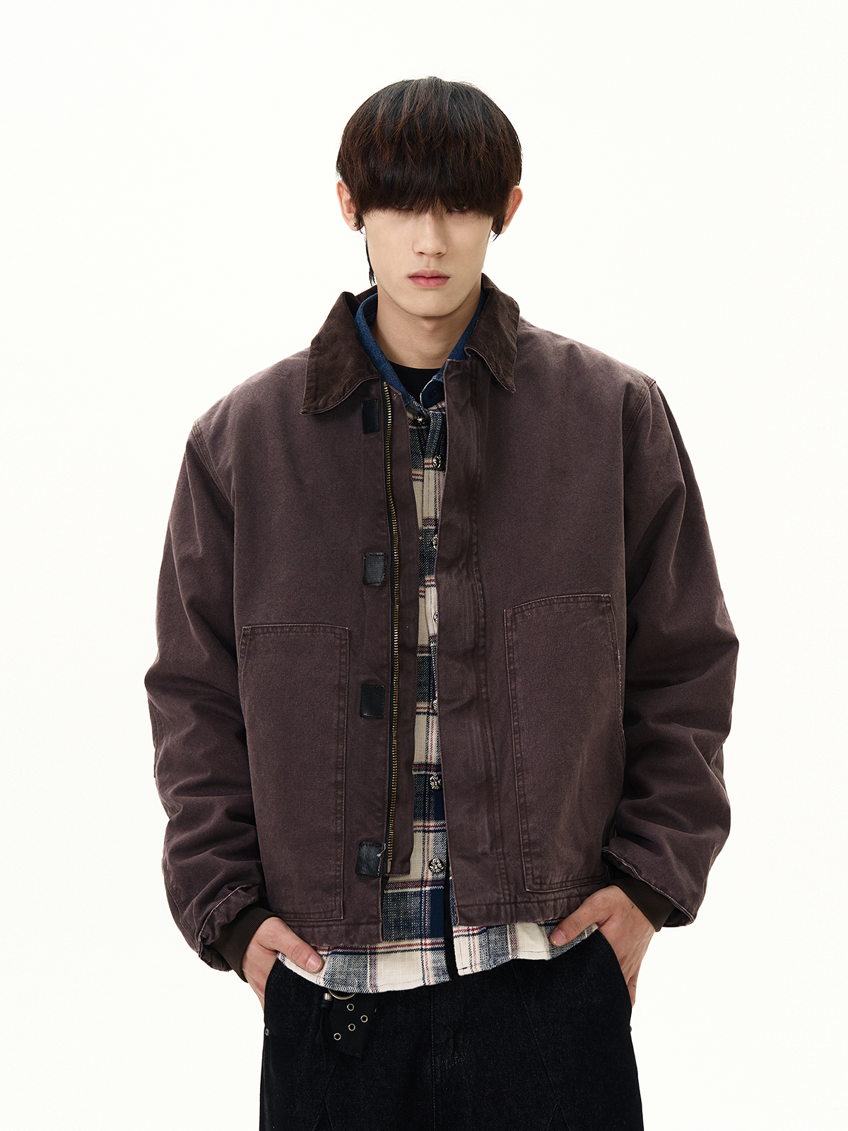 American Retro Vintage Distressed Workwear Lapel Jacket - Short Thick Coat for Y2K and Korean Style Fashion