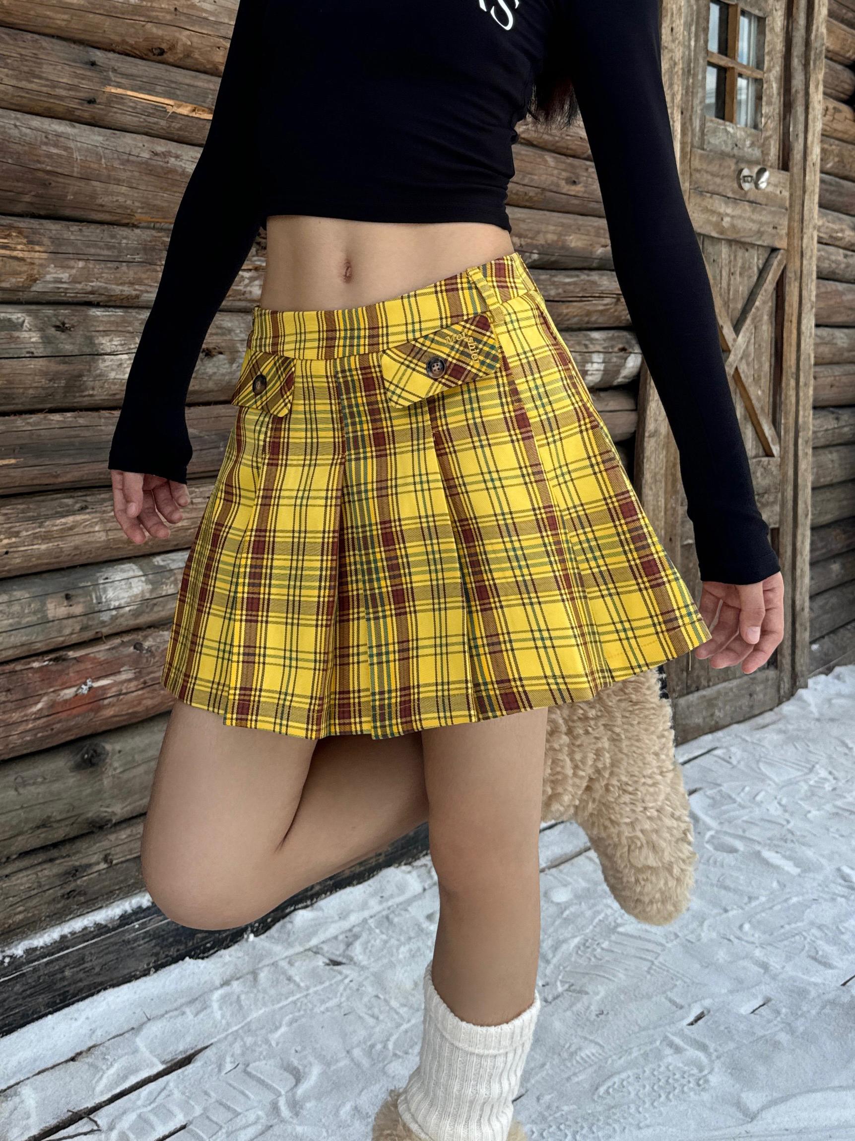 American Retro Yellow Plaid Pleated Skirt with Pockets - Slimming College Style Short Skirt for Y2K Fashion Enthusiasts