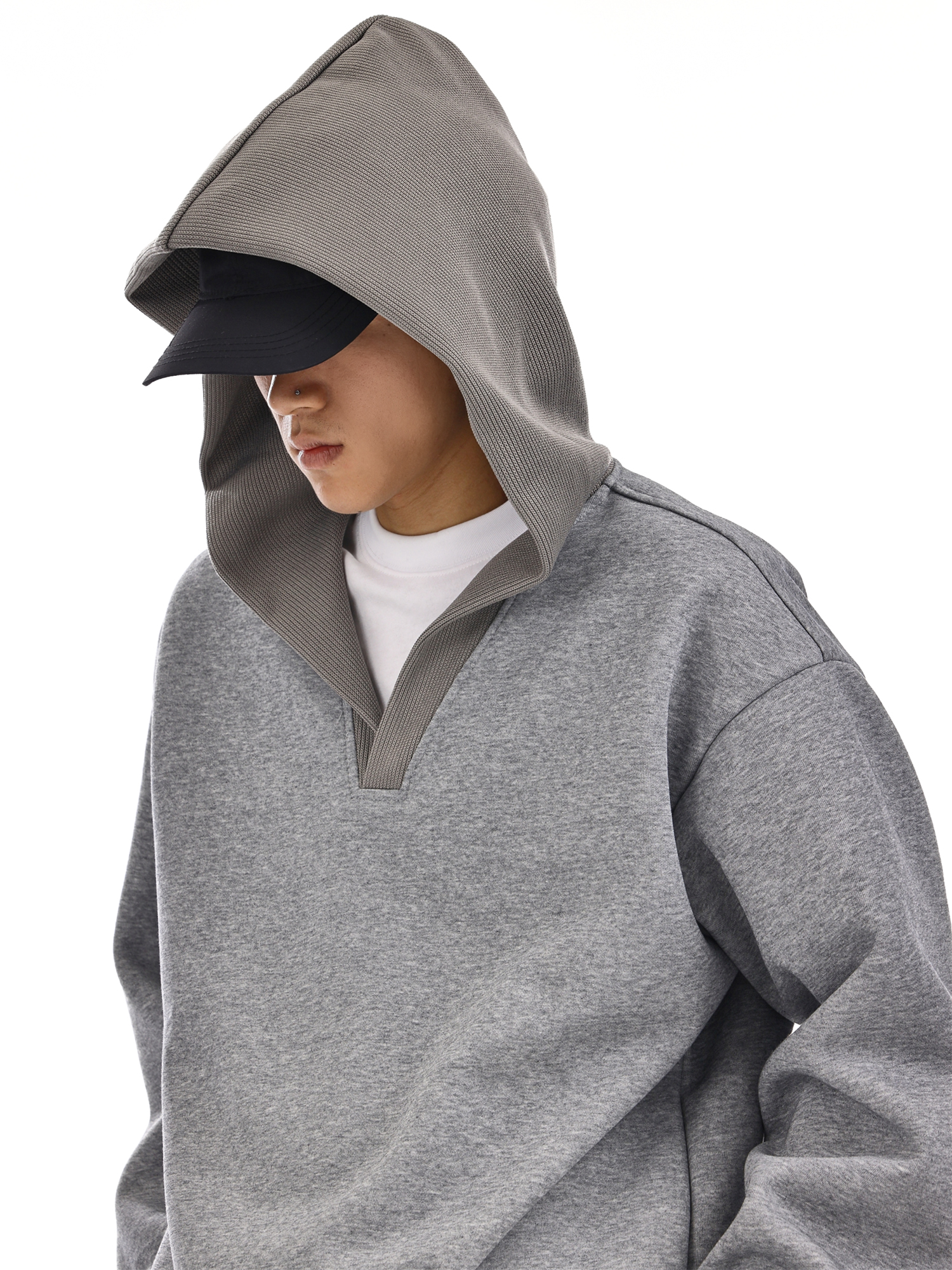 American-Style Heavyweight V-Neck Hooded Sweatshirt for Men - Winter Patchwork Design Casual Long Sleeve High Street Jacket