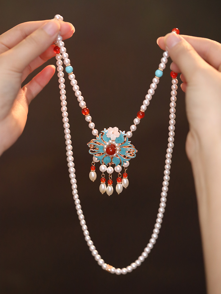Ancient Style Blue Horse Face Skirt Necklace - Autumn Winter Qipao Accessory with Cloud Tassel - Hanfu Inspired Fashion Jewelry
