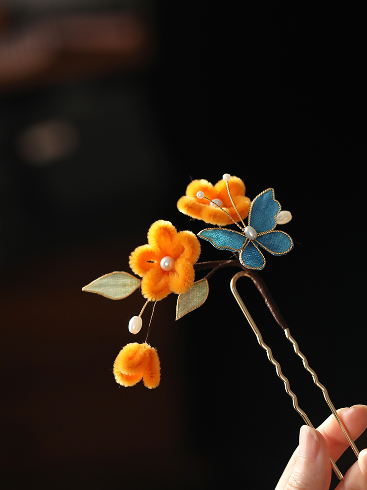 Ancient Style Floral Hairpin - Tang Dynasty Hanfu Side Bun Accessory, Imitation Velvet Butterfly Hair Clip, New Chinese Fashion