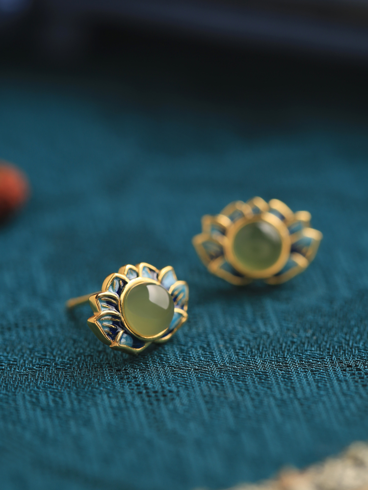 Ancient Style Retro Lotus Hetian Jade Pure Silver Earrings for Women, High-Quality Enamel Design, Elegant Fashion Jewelry