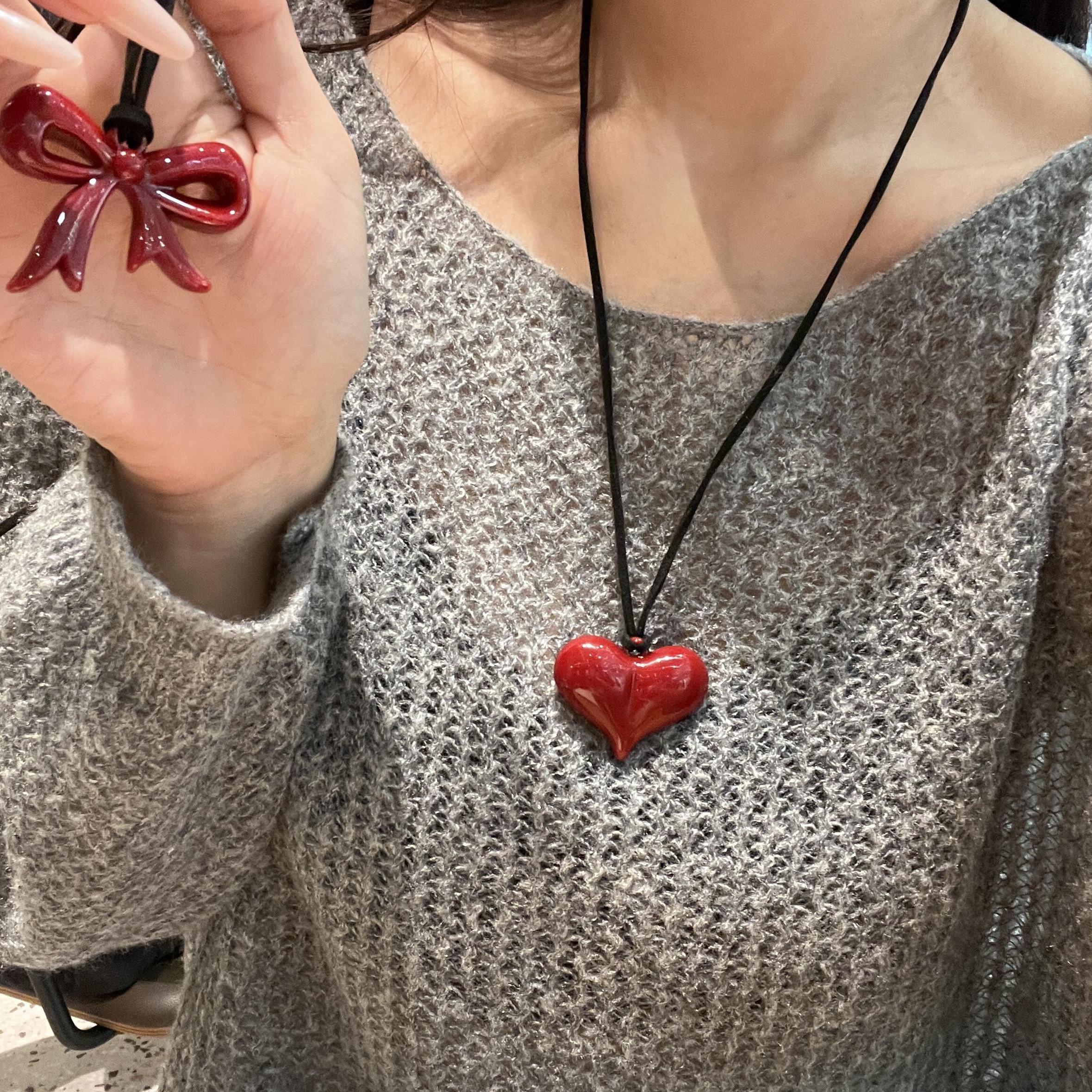 Ankara Red Butterfly Sweatshirt with Heart Pendant, Versatile Long Black Leather Cord Necklace Accessory for Girls