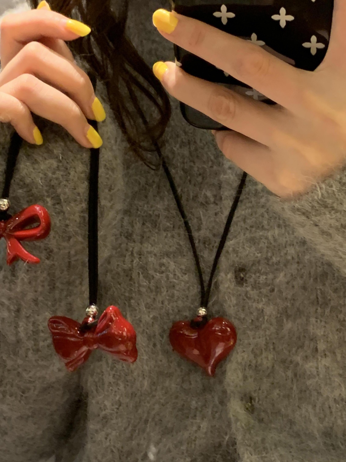 Ankara Red Butterfly Sweatshirt with Heart Pendant, Versatile Long Black Leather Cord Necklace Accessory for Girls