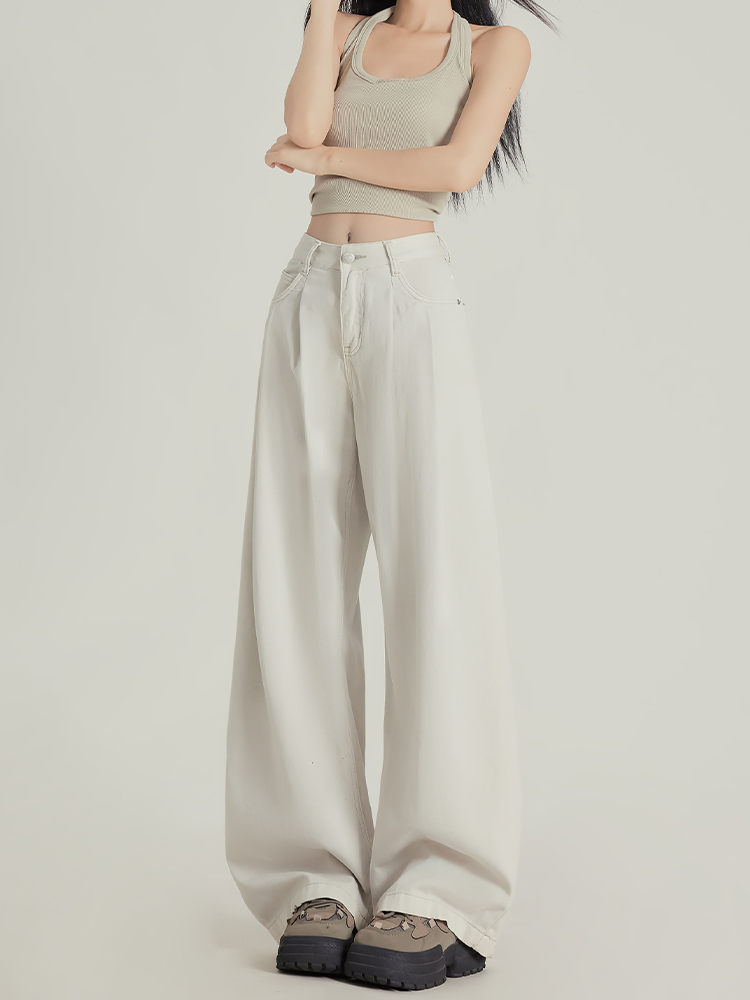 Apricot Pleated High-Waisted Loose-Fit Wide-Leg Jeans for Women - 2025 Spring/Summer Casual Style