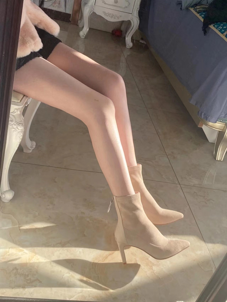 Apricot Suede High-Heeled Ankle Boots for Women - 2025 Autumn Winter Stiletto Pointed Chunky Heel Elastic Sock Boots
