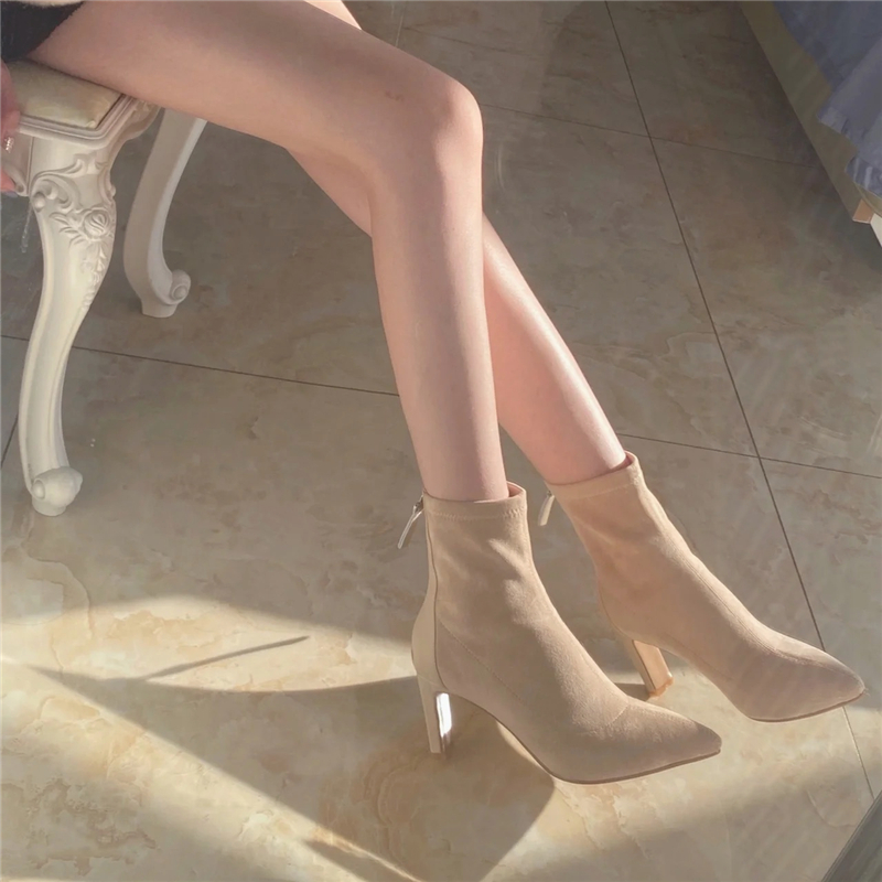 Apricot Suede High-Heeled Ankle Boots for Women - 2025 Autumn Winter Stiletto Pointed Chunky Heel Elastic Sock Boots
