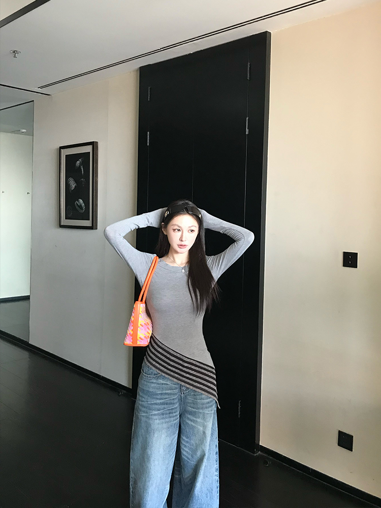 Asymmetrical Hem Knitted Long Sleeve T-Shirt Top with Hidden Stripes for Women - Spring Fashion Essential, Casual Chic Style