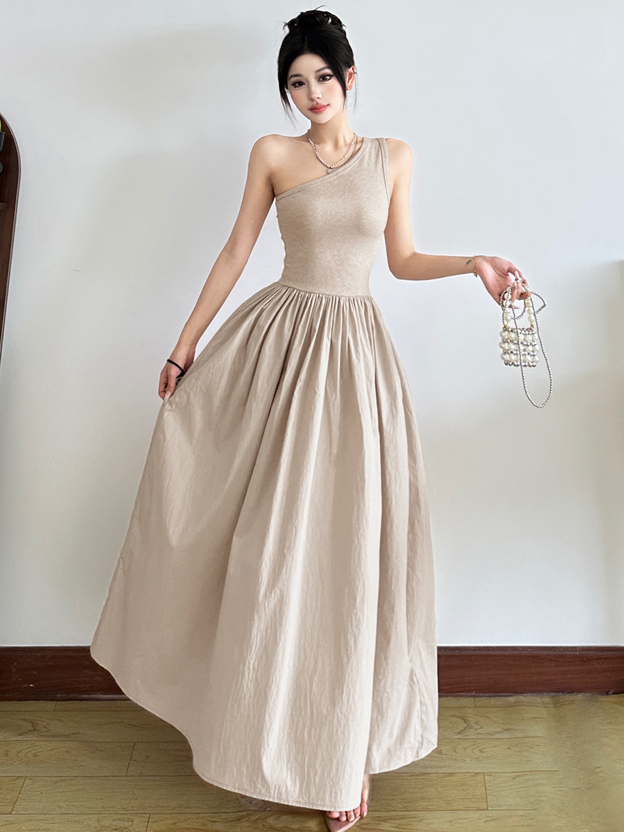 Asymmetrical One-Shoulder Dress for Women - Retro Solid Color, High Waist, Slim Fit, Elegant Temperament, 90s Inspired Long Dress
