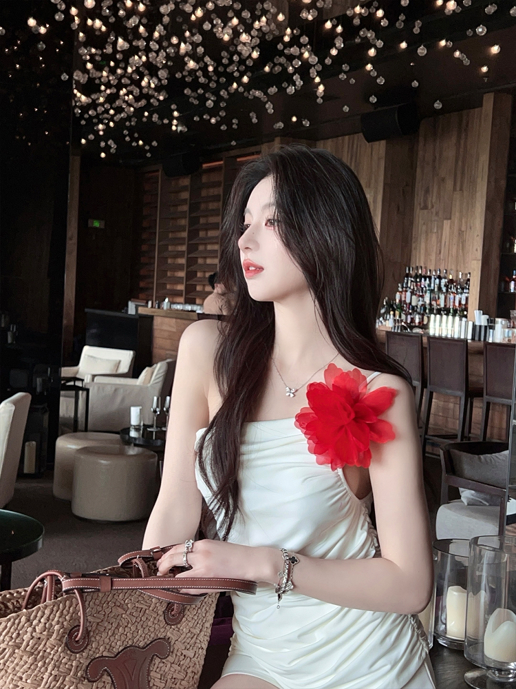 Asymmetrical White Sling Top for Women with Ruffles and Waist-Cinching Design, Floral Detail - Summer Fashion Essential