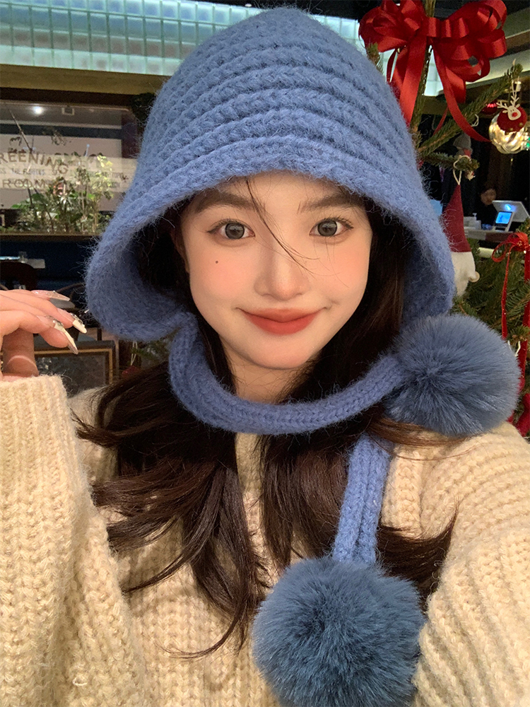 Autumn Winter Knitted Wool Hat for Women, Warm Pom-Pom Beanie, Versatile Face-Shaping Lei Feng Style, Cozy Ear Protection