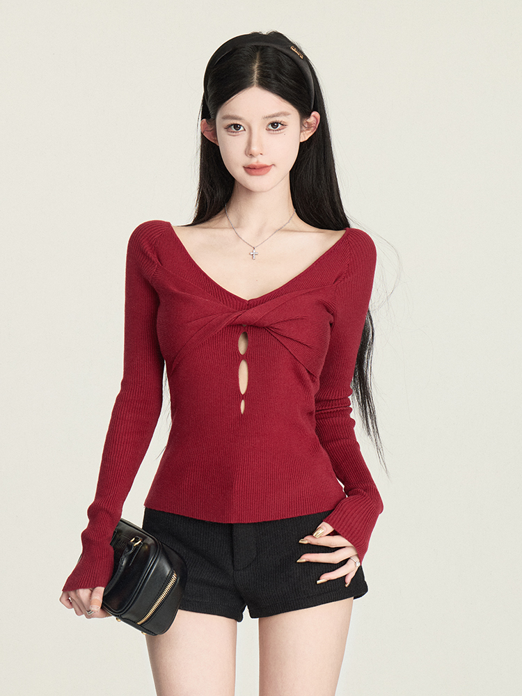 Autumn Winter Red Slim Fit Sexy Twist Top for Women - Trendy Y2K Style for New Year Celebrations