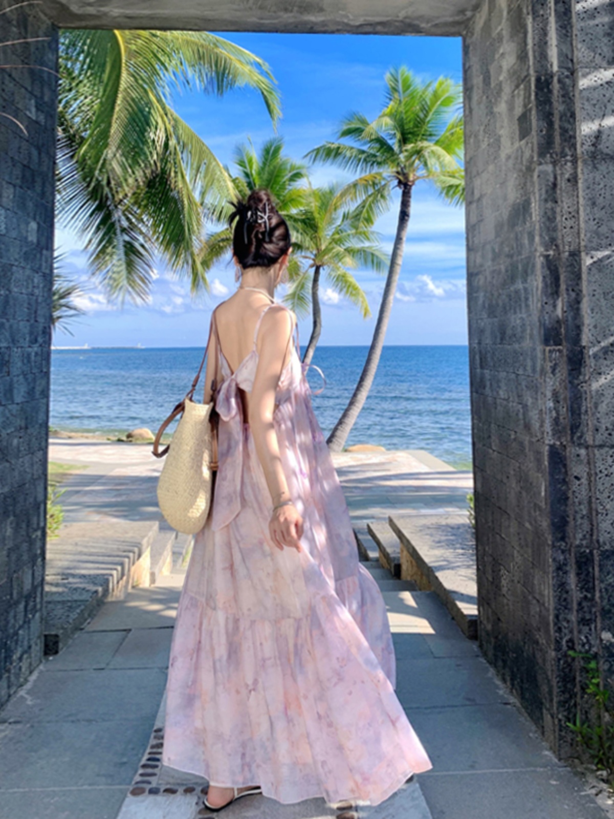 Backless Purple Fairy Dress with Bow, Oil Painting Gradient, Temperament Style for Seaside Vacation, Y2K Aesthetic