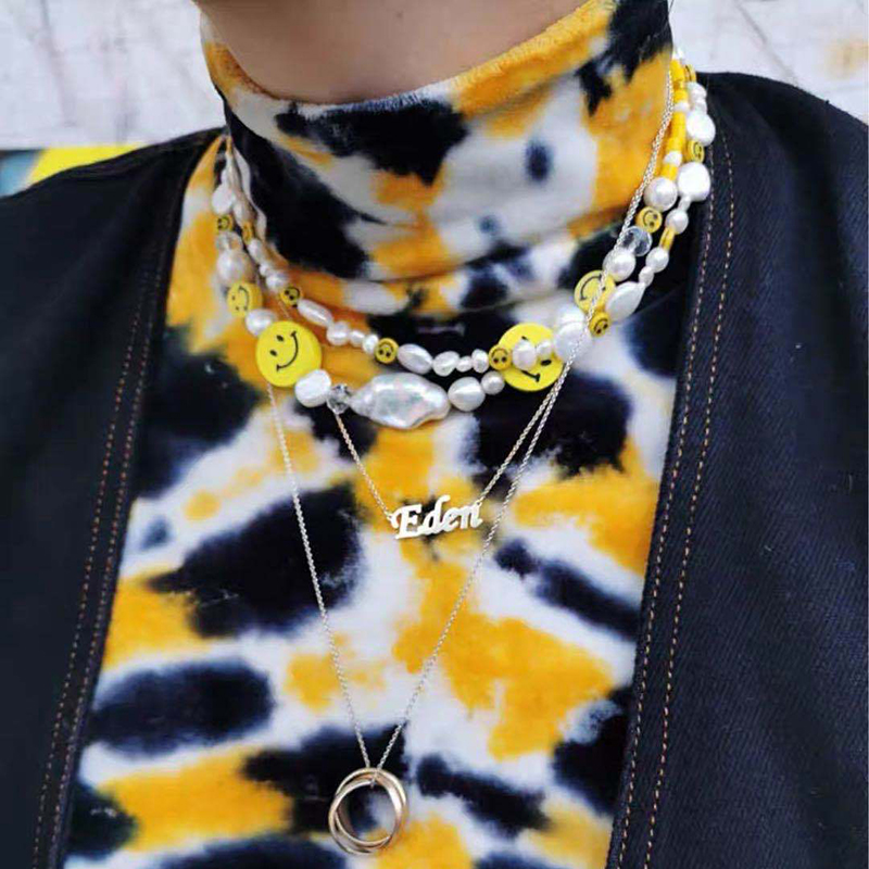 Baroque Pearl Yellow Smiley Face Necklace and Layered Bracelet Set - Irregular Design, Couple's Clavicle Chain, European American Style