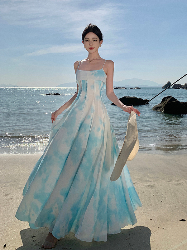 Beautiful Flared Beach Dress for Women - Dopamine Island Style, Perfect for Travel and Seaside Photography