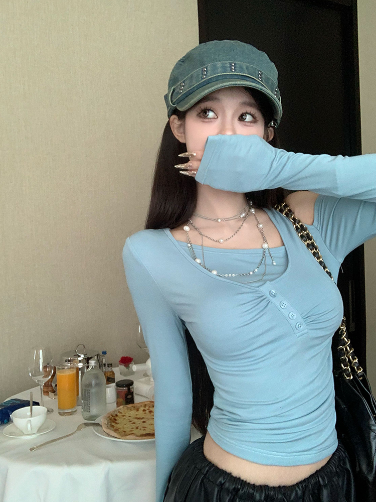 Beautiful Spicy Princess Off-Shoulder Long Sleeve T-Shirt - Fake Two-Piece Design, Trendy Y2K Outerwear for Stylish Looks