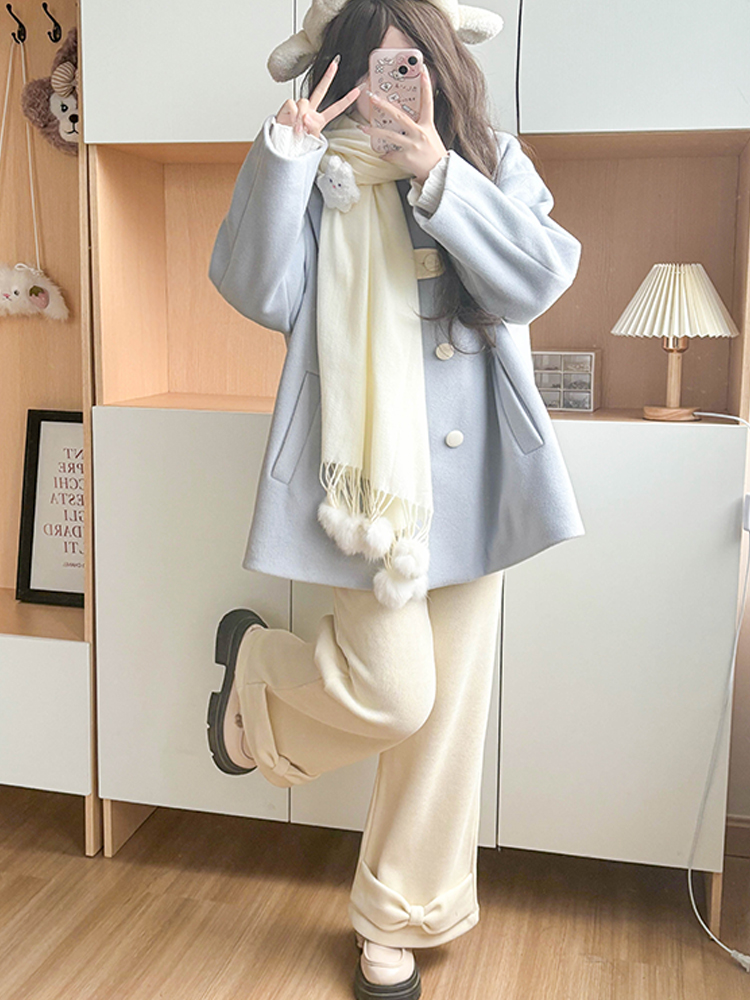 Beige Fleece-Lined Casual Straight Pants for Women - Cute Pudding Bear JK Uniform Winter Bow College Style Trousers