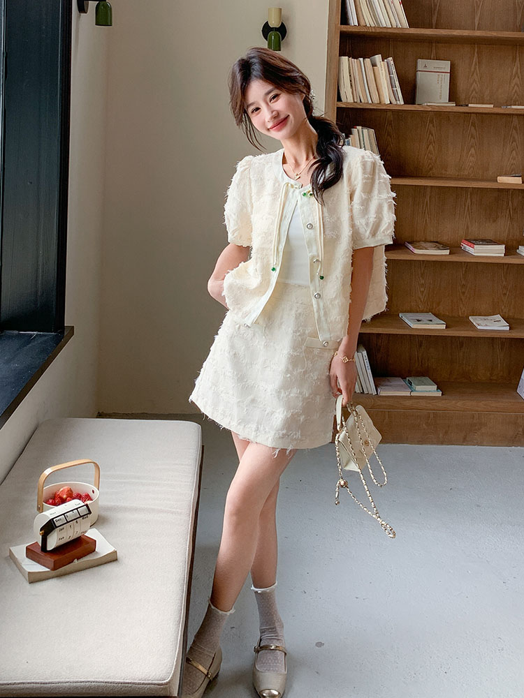 Beige High-End Tassel Two-Piece Dress Set for Women - Short Sleeve Top & Skirt for Summer 2025, Perfect for Petite Sizes