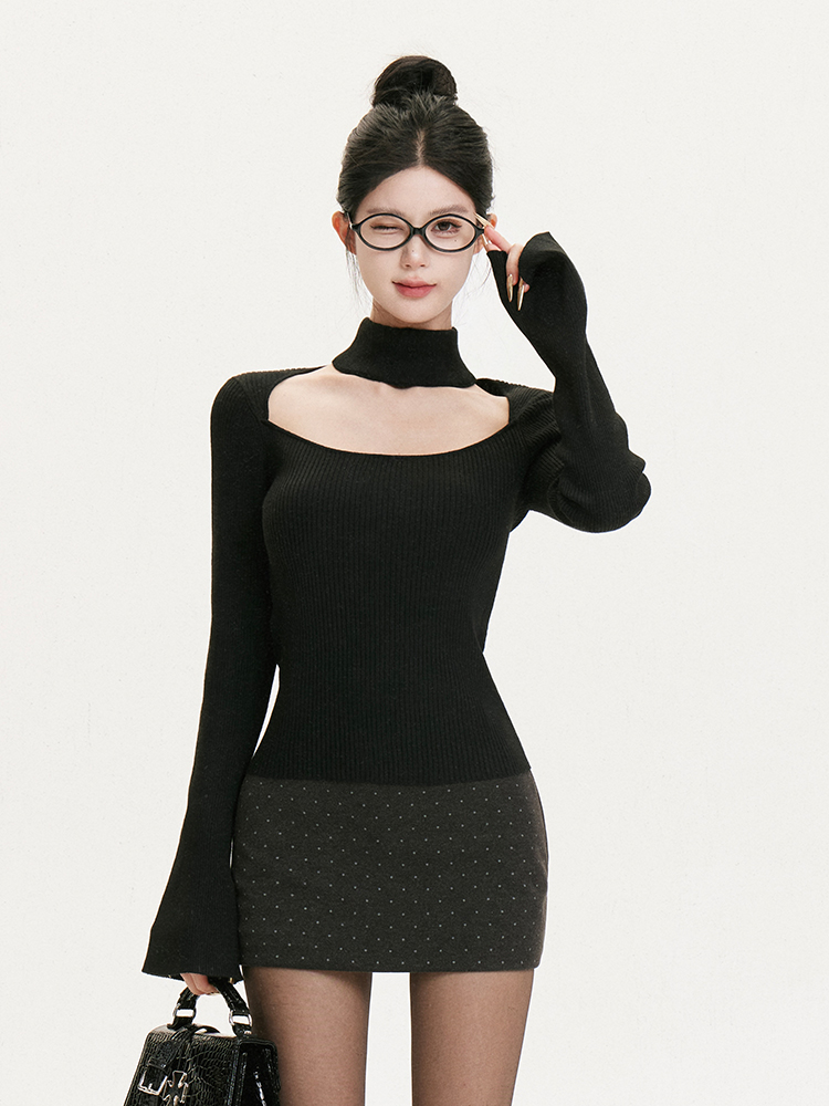 Bell Sleeve Square Neck Black Knit Top - Slimming Fitted Half-High Neck Shirt for Chic 90s Y2K Style